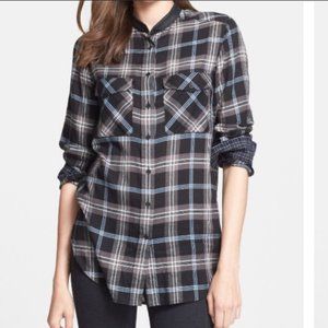 Vince plaid button down blouse lamb leather collar